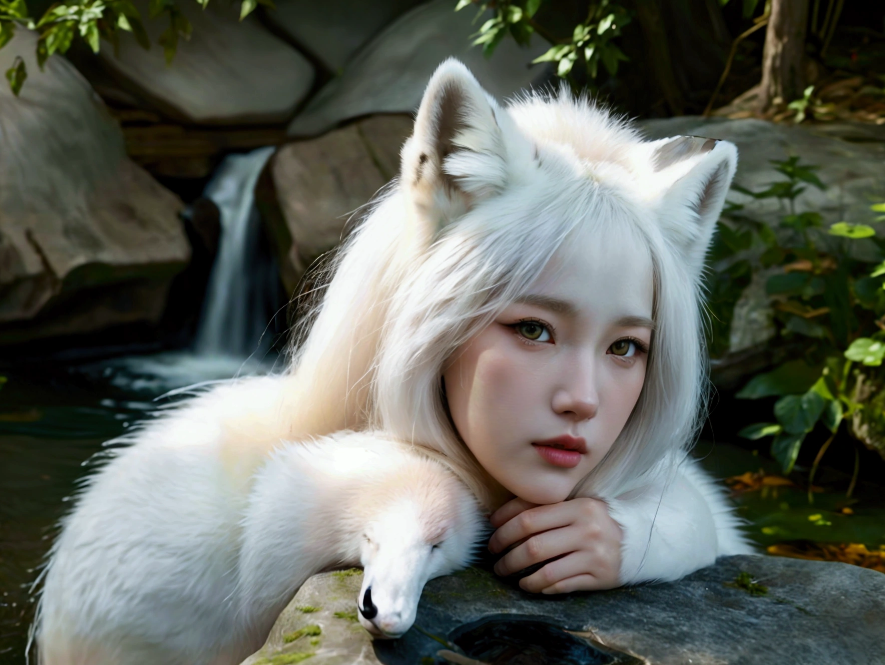 medium shot of best image quality photo of a girl in a costume sitting on the rock behind the pond, mystery landscape, ((a white fox behind)), a beautiful white fox lady, by Yang J, beautiful young foxgirl, attractive Fox girl, very beautiful cute foxgirl, fantasy art style, artwork in the style of guweiz, by Fan Qi, a beautiful kitsune woman, guweiz, the style of wlop, trending on cgstation, realistic style, fantasy lighting,
((better face detail)),