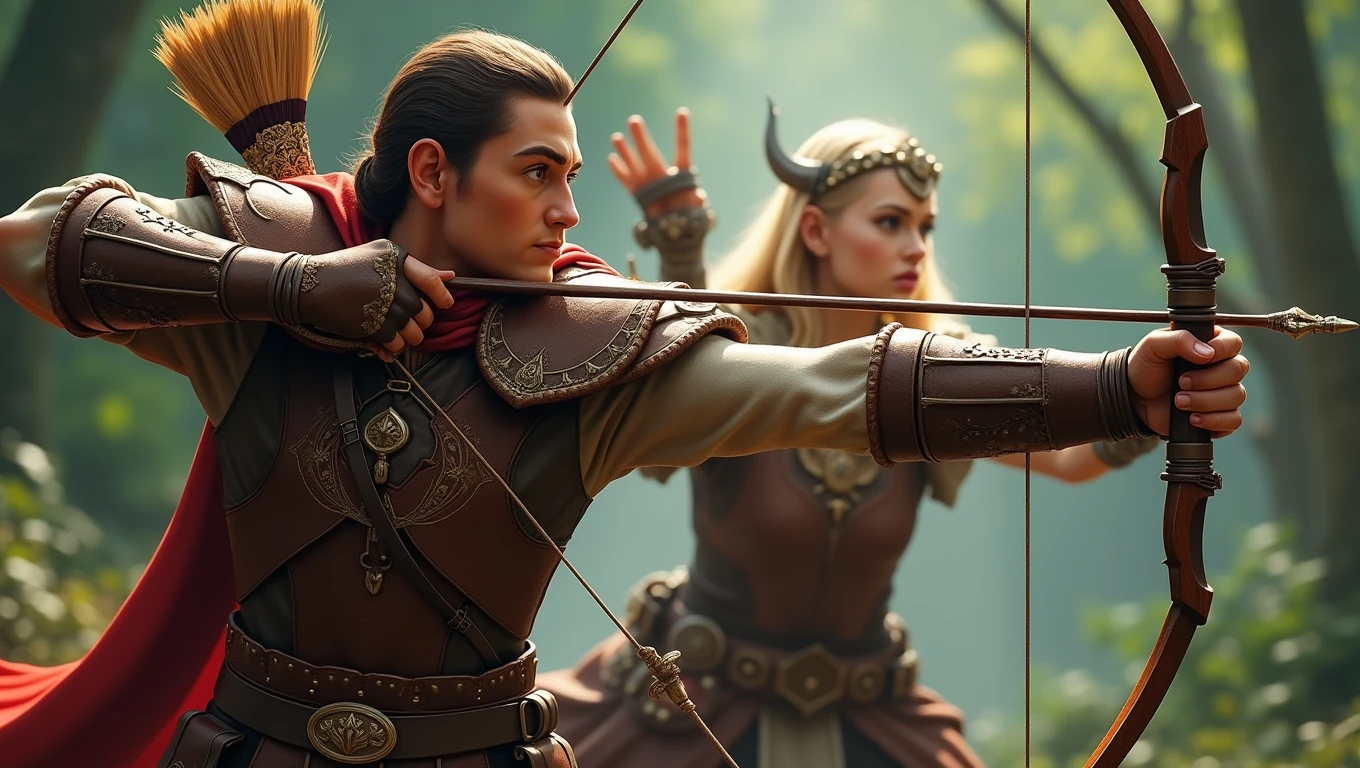 A dynamically heroic pair of archers, one clad in leather armor with a bow drawn, the other a princess with a determined expression, stand in an action pose. This 3D image captures them in a moment of intense focus and skill. Their attire is detailed with intricate designs, highlighting the craftsmanship of their outfits. The background is a lush forest scene, adding depth and realism to the image. Overall, this high-quality digital painting showcases the bravery and determination of these mythical characters, drawing viewers into their world of adventure and danger.