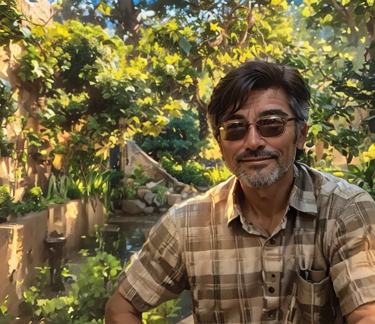 50 years old handsome man, sitting in his garden with nice landscaping in a sunny day