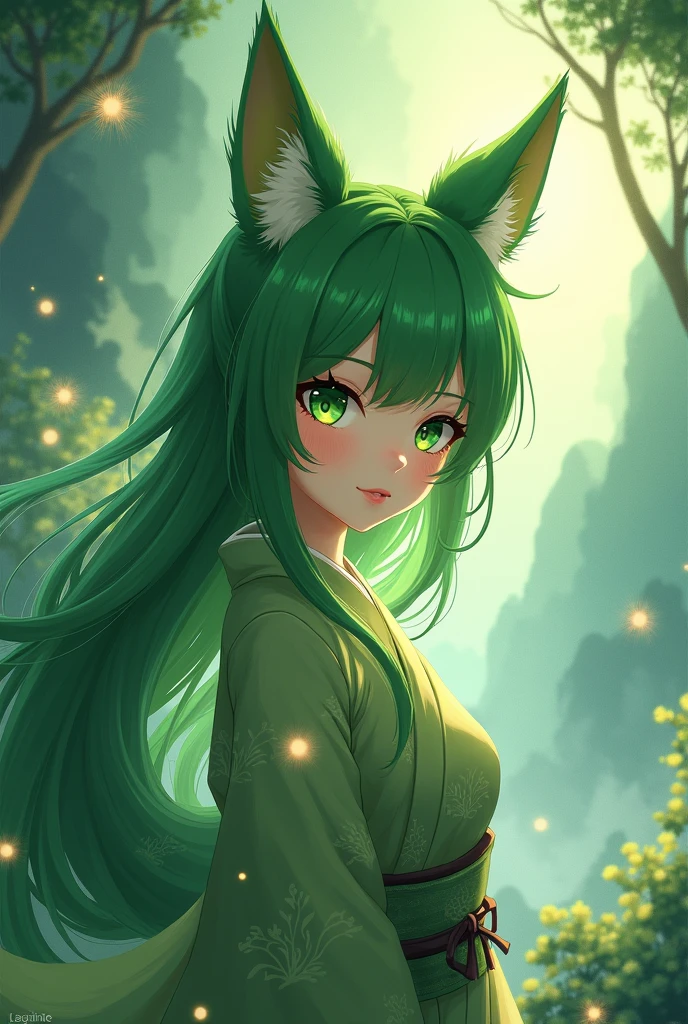 Green anime kitsune girl