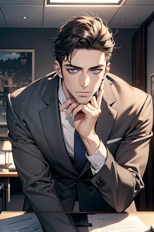 (Best Quality,4k,8k,high resolution,Masterpiece:1.2),ultra detailed,(realist,photorealist,photo-realist:1.37),1 man,31 years,mature man,very handsome,without expresion,muscled body,short gray black hair,Blue eyes,glare,perfect face without mistakes,imposing posture,businessman,office background,cinematic lighting,imagen HDR