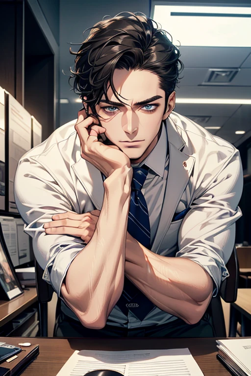 (Best Quality,4k,8k,high resolution,Masterpiece:1.2),ultra detailed,(realist,photorealist,photo-realist:1.37),1 man,31 years,mature man,very handsome,without expresion,muscled body,short gray black hair,Blue eyes,glare,perfect face without mistakes,imposing posture,businessman,office background,cinematic lighting,imagen HDR