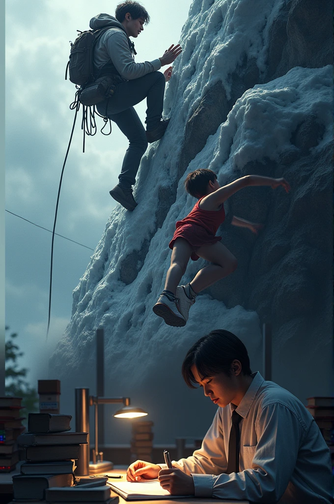 Transition to scenes of people overcoming obstacles—someone climbing a steep mountain, another person getting up after falling during a race, and a student studying late at night.