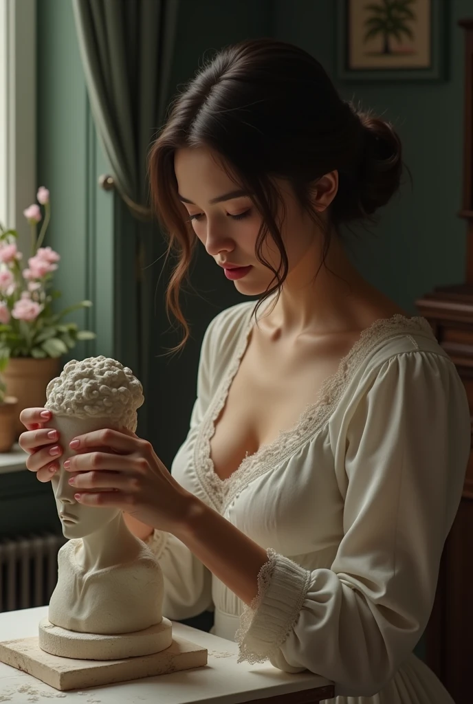 Beautiful, lonely huosewife carving love, her longing gaze and playful charm encapsulating a world of unspoken desires