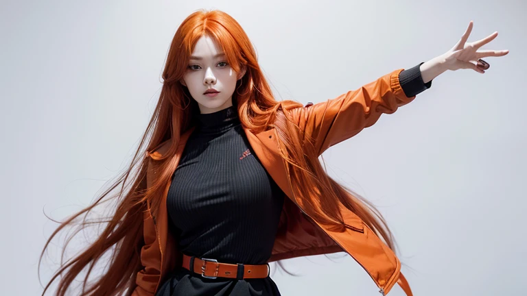 Woman with long orange hair、Wearing a red jacket、Rolling up his sleeves、Wearing a black tight dress、Wearing a belt around the waist、White background