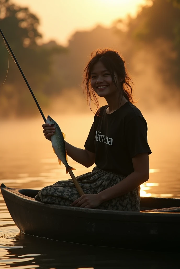 ( photorealism 1.2) photo realistic high detailed Malay adult women wear sarong messy hair at dugout canoe fishing at river smile cinematic view morning mode effect cinematography smoke effect sunlight silhouette one hand hold fish wearing black shirt wrote nirvana