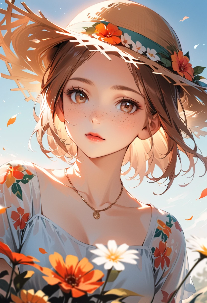 (extreme close up:1.4), (face focus:1.4),(side face:1.4)),(1girl surrounded by soft_light:1.4), (backlighting:1.4), (lighting),(flowing fabric:1.3), ((Floral_summer_dress:1.4),(Straw_hat:1.3)), (masterpiece), realistic, HDR, highly detailed, 8k, raw photo, ambient occlusion, natural, harmonious composition, warm tones, fine art photography, a close up of a young woman with a necklace on her neck, light cute freckles, light freckles, very light freckles, soft freckles, freckled pale skin, small freckles, cute freckles, rosy cheeks with freckles, with freckles, girl cute-fine-face, white freckles, portrait cute-fine-face, freckles, natural soft pale skin, pale round face