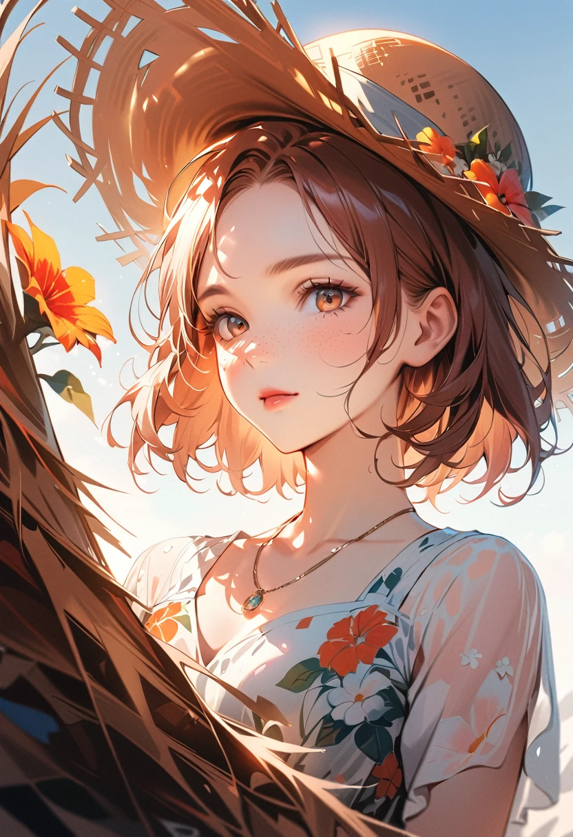 (extreme close up:1.4), (face focus:1.4),(side face:1.4)),(1girl surrounded by soft_light:1.4), (backlighting:1.4), (lighting),(flowing fabric:1.3), ((Floral_summer_dress:1.4),(Straw_hat:1.3)), (masterpiece), realistic, HDR, highly detailed, 8k, raw photo, ambient occlusion, natural, harmonious composition, warm tones, fine art photography, a close up of a young woman with a necklace on her neck, light cute freckles, light freckles, very light freckles, soft freckles, freckled pale skin, small freckles, cute freckles, rosy cheeks with freckles, with freckles, girl cute-fine-face, white freckles, portrait cute-fine-face, freckles, natural soft pale skin, pale round face