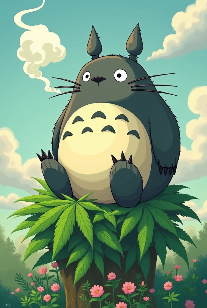 Totoro on top of a marijuana plant smoking with pink and feminine details around 