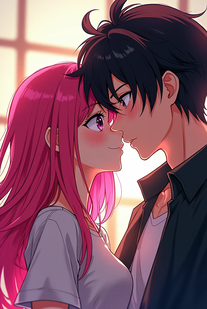 A light skinned girl with long hot pink hair with black tips and bangs with a boy with black hair and a hot pink streak , ear pose ,anime comic style , passional