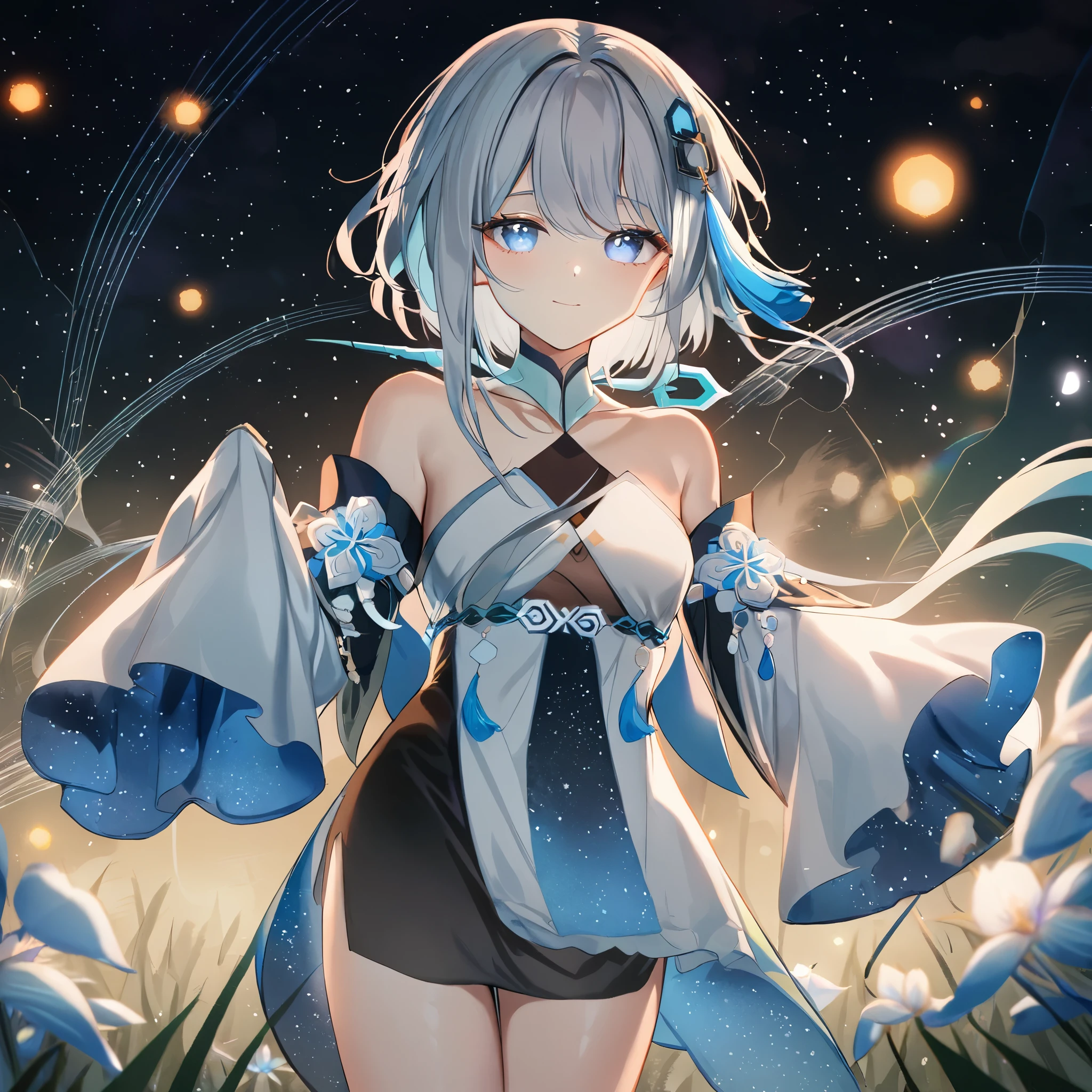 1girl, guizhong_\(genshin_impact\),light grey hair,short_hair_with_long_locks,starry_sky_print,detached_sleeves, long sleeves that drape over hands past fingers,sleeves cover hands,arms at sides,hanfu,illustrated by matsuryuu and agahari,pale blue eyes,stunning field of softly glowing blue and white glaze lilies,night scene,gentle smile,moonlight,glossy lips,vivid anime coloring,cel shading,smooth, soft dreamy focus,anklet,halter_top,white clothes,highly detailed,digital painting,field of flowers,bare_shoulders,barefoot,cool night tones, magical night scene,masterpiece, best quality, film, bokeh, multicolored light particles,professional, 4k, highly detailed,fireflies,nebula of rainbow and silvery vapor,8k,uhd