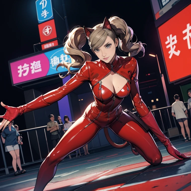 ((Master quality, 8K, masterpiece:1.3, ultra-detailed, high resolution, RAW Photos, detailed Realistic background, cinematic lighting)), Actual, Realistic, photo, HDR, BREAK, detailed eyes, perfect anatomy, perfect hands, perfect legs, BREAK, One person alone, dsann(persona 5), beautiful face, (open stance, posing sexy), blonde twin pigtails hair, ( Round and Stacked Breasts ), Cleavage, Slim waist, smile:1.5, Sweat-soaked skin, BREAK, wearing( dspanther, red latex bodysuit and Butt Cat tail , Cat Ears Domino Mask, Leather gloves that cover your fingertips), , Graffiti art, BREAK, ( Random Angle, full-body, ), dynamic angle, , background(cinematic lighting, a city at night with neon signs, cyberpunk atmosphere, spotlight, casino, )