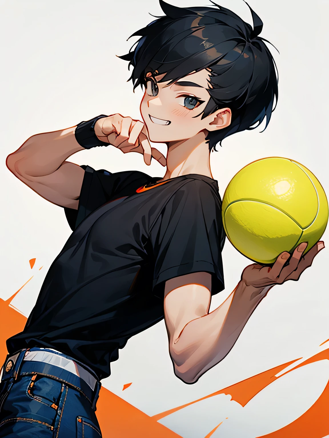 sideview, solo,looking at viewer++, upperbody, boy, black short spiky hairstyle, good grin, black t-shirts, bule jeans, holding a tennis ball,victory pose,