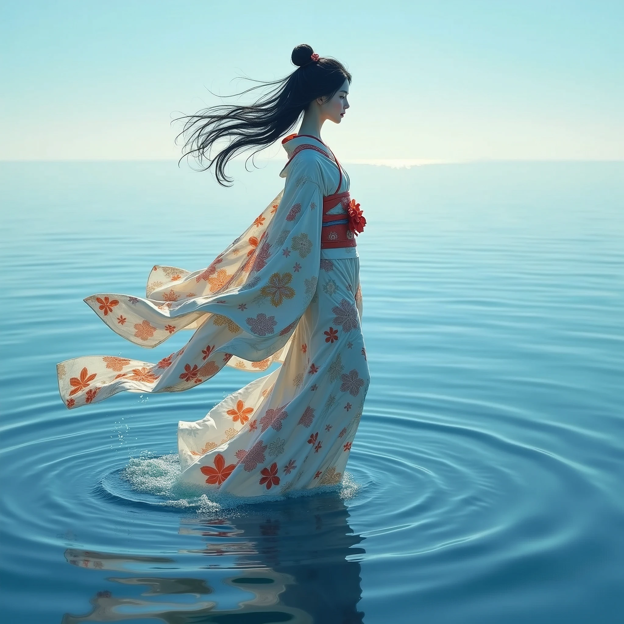 A woman with long black hair, wearing a kimono, standing on the sea.