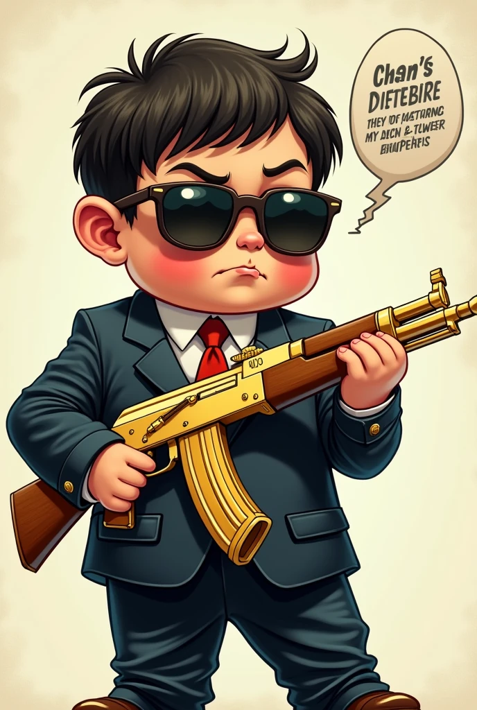 (A chubby 10-year-old boy in a suit holding a gold-plated AK-47 in both hands, with sunglasses and saying in a text bubble I am an electromechanical engineer