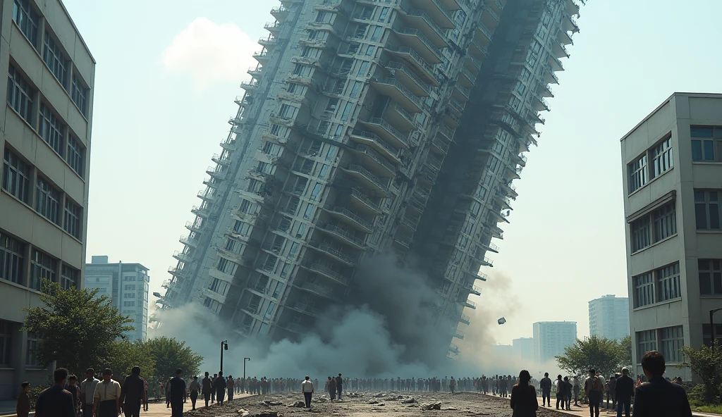 a modern apartment building is leaning and collapsing, exterior, daylight, cinematic style, real photo,