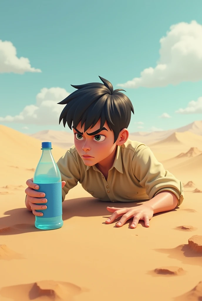 Raise a young white man, short black haired, with a serious cartoon face. He's in the middle of the desert crawling to a bottle of water..