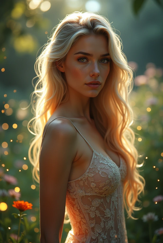 A beautiful young woman with long blonde hair, wearing a shimmering see-through dress, standing in a magical garden with glowing fireflies, her expressive eyes and perfect facial features drawing the viewer in, her naked body subtly visible, (best quality, 4k, 8k, highres, masterpiece:1.2), ultra-detailed, (realistic, photorealistic, photo-realistic:1.37), cinderella, detailed eyes, detailed lips, extremely detailed face, longeyelashes, beautiful dress, glowing fireflies, magical garden, perfect body, expressive eyes