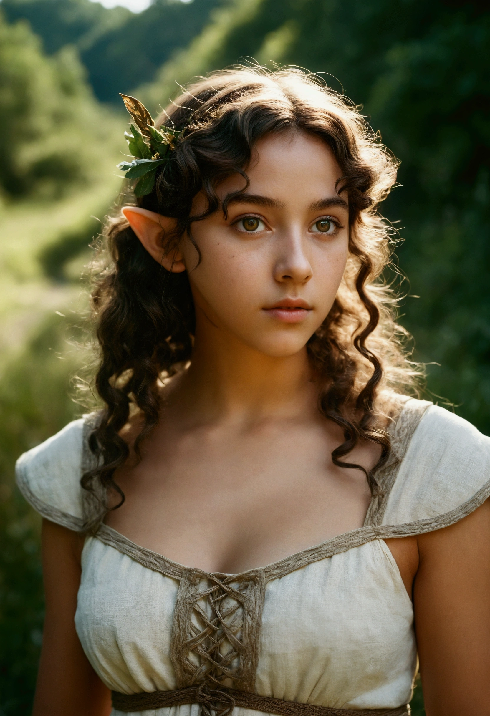analog film photo, photo of a young elven girl, 18 years old, elf ears, amber eyes, curly brunette bob cut, tan complexion, Amazonian stature, voluptuous hourglass figure, busty bosom, narrow waist, full hips, big plump buttocks, wearing a linen sun dress, strolling through a sunny fantasy landscape, RAW Photograph, dslr, soft lighting, high quality, film grain, Fujifilm XT3, detailed skin with visible pores, insane details, masterpiece, 8k, 35mm photograph, dslr, kodachrome, faded film, desaturated, grainy, vintage, Lomography, stained, highly detailed, found footage, close-up shot, elven ears
