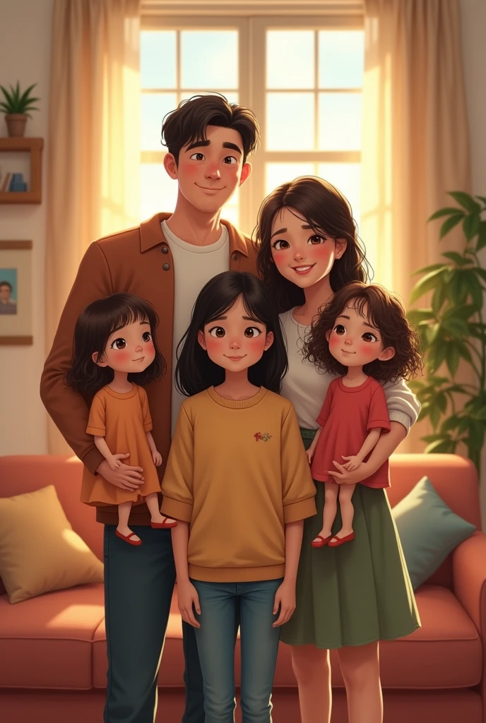 Create an image showing a father, a mother, two twin girls and an older age sister of 18