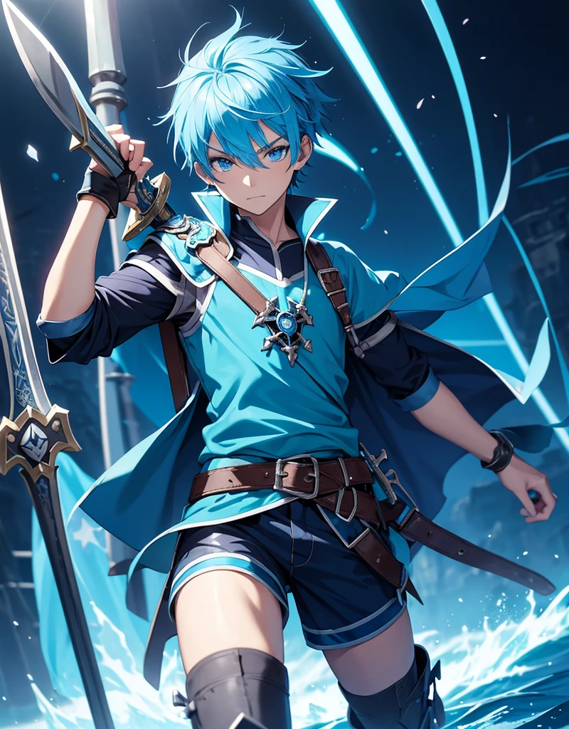 Young angel boy with blue hair, blue eyes and fair skin innocent and happy, wearing neon blue pirate tunic, blue shorts, gauntlets and sandals, weilding sword and shield, blue armor, fullbody, pirate background, boyish athletic