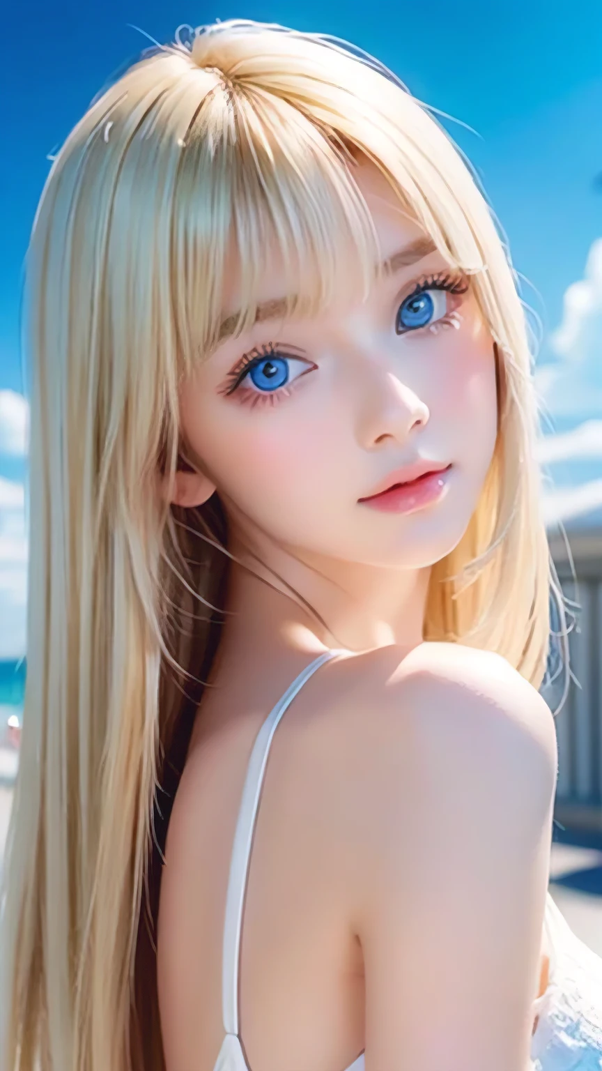 Incredibly bright, white, glossy, beautiful skin、Blonde hair color that changes with reflected light、Bangs between the eyes blocking the view、Glossy highlight on cheeks、sexy, very beautiful, lovely, cute, gorgeous face、The most beautiful face in the world、A beautiful girl、Super long blonde hair、smooth, straight hair、Big Breasts, Sparkling bright sky blue eyes、Beautiful bangs、Small Face Beauty、Round face、Very beautiful appearance