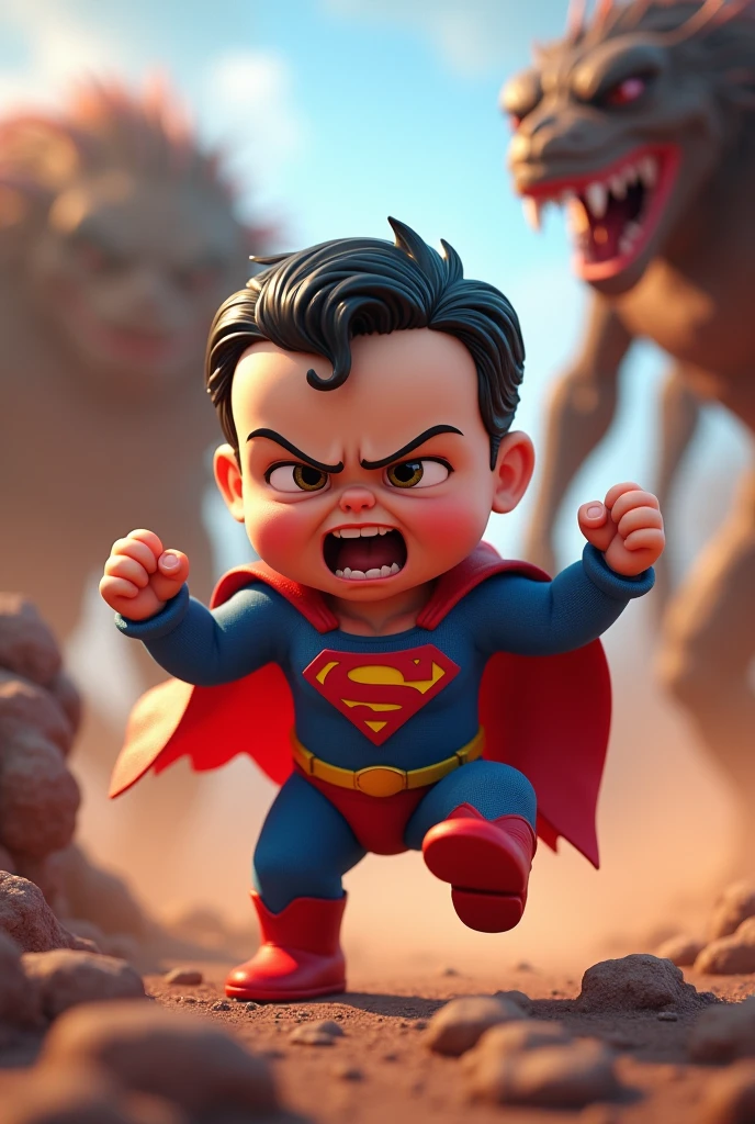 can you generate a 3D animated image of angry Baby Superman kicking monsters a tiny costume and an engaging background.