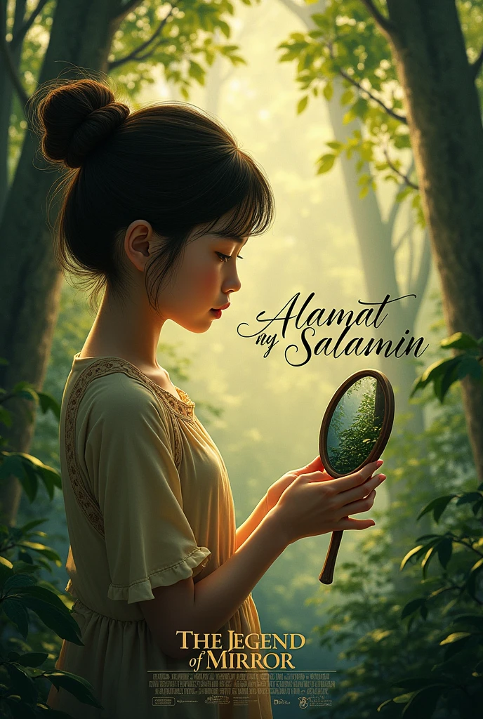 make a poster about a girl facing back while holding a small mirror make it nice put a text stating Alamat ng Salamin
the girl must be in the forest and color brown poster stating Alamat ng Salamin