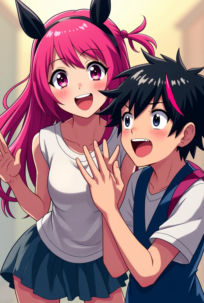 A light skinned girl with long hot pink hair with black tips and bangs with a boy with black hair and a hot pink streak , ear pose ,anime comic style