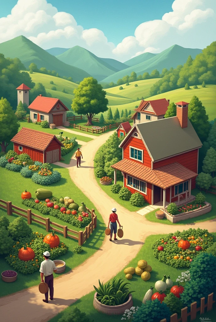There are villages with village produce, in nature, there are people, there are recycling symbols.
