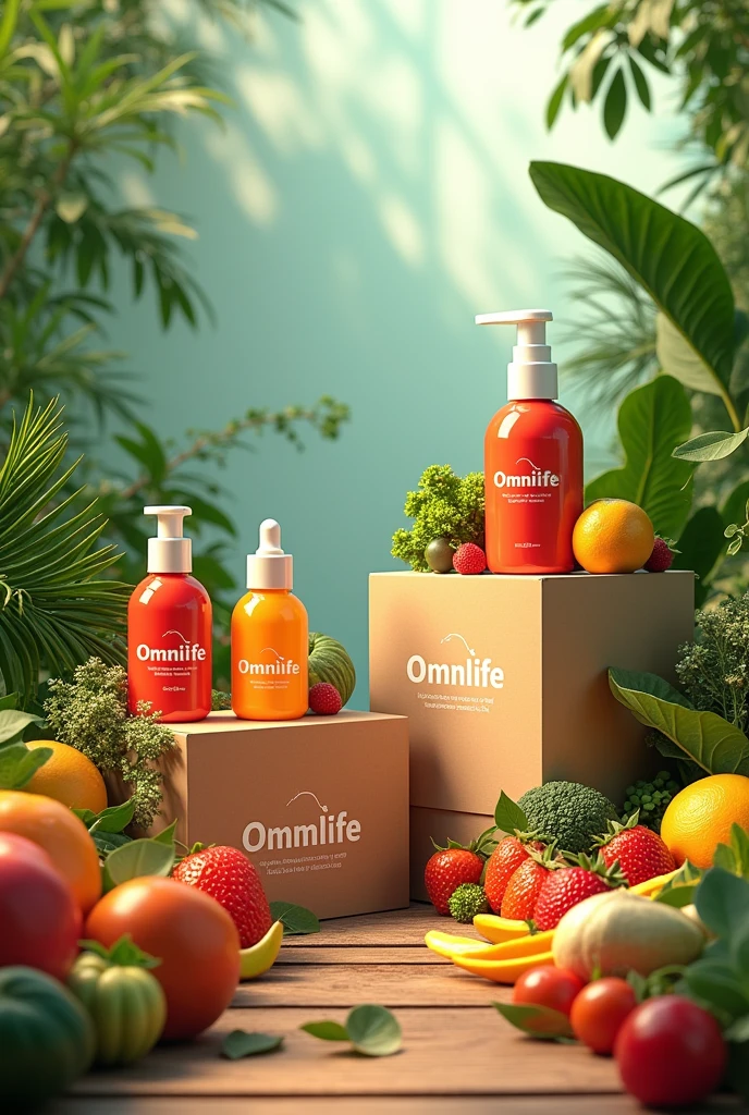 Boxes with Omnilife logo and on the side fruits and vegetables, with cosmetics and on the side plants