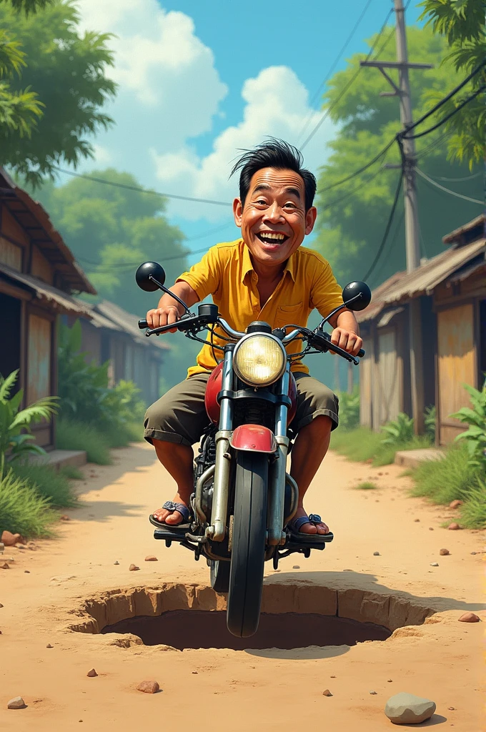 A funny-looking Thai man riding an old motorbike falls into a pothole on a dirt road in the countryside.