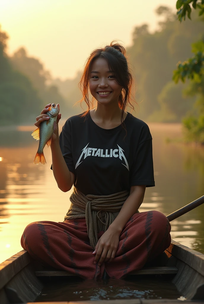 ( photorealism 1.2) photo realistic high detailed Malay adult women wear sarong messy hair at dugout canoe fishing at river smile cinematic view morning mode effect  cinematography smoke effect sunlight silhouette  one hand hold fish wearing black shirt wrote Metallica 