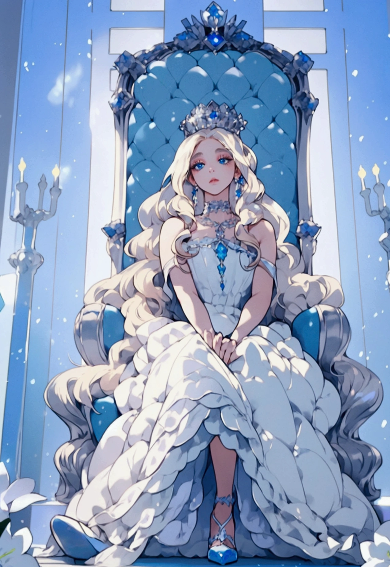 ((solo, 1woman, (blue eyes, platinum blonde hair, long hair), Extremely detailed, ambient soft lighting, 4k, perfect eyes, a perfect face, perfect lighting, a 1girl)), ((solo, (1woman, natural make-up), Extremely detailed, ambient soft lighting, 4k, anime eyes, bigger eyes, a perfect face, perfect lighting, a 1girl)), , ((pastel colors, turned to the side pose, sapphire necklace)), ((pastel blue & white finely detailed dress, imperial throne, sitting on a throne, flowes, high heels, throne room, palace))