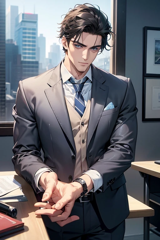 (Best Quality,4k,8k,high resolution,Masterpiece:1.2),ultra detailed,(realist,photorealist,photo-realist:1.37),1 man,31 years,mature man,very handsome,without expresion,muscled body,short gray black hair,Blue eyes,glare,perfect face without mistakes,imposing posture,businessman,office background,cinematic lighting,imagen HDR