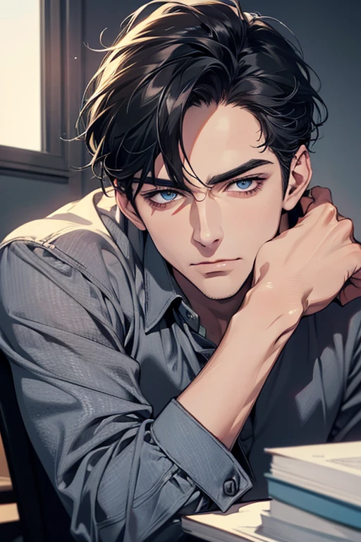 (Best Quality,4k,8k,high resolution,Masterpiece:1.2),ultra detailed,(realist,photorealist,photo-realist:1.37),1 man,31 years,mature man,very handsome,without expresion,muscled body,short gray black hair,Blue eyes,glare,perfect face without mistakes,imposing posture,businessman,office background,cinematic lighting,imagen HDR