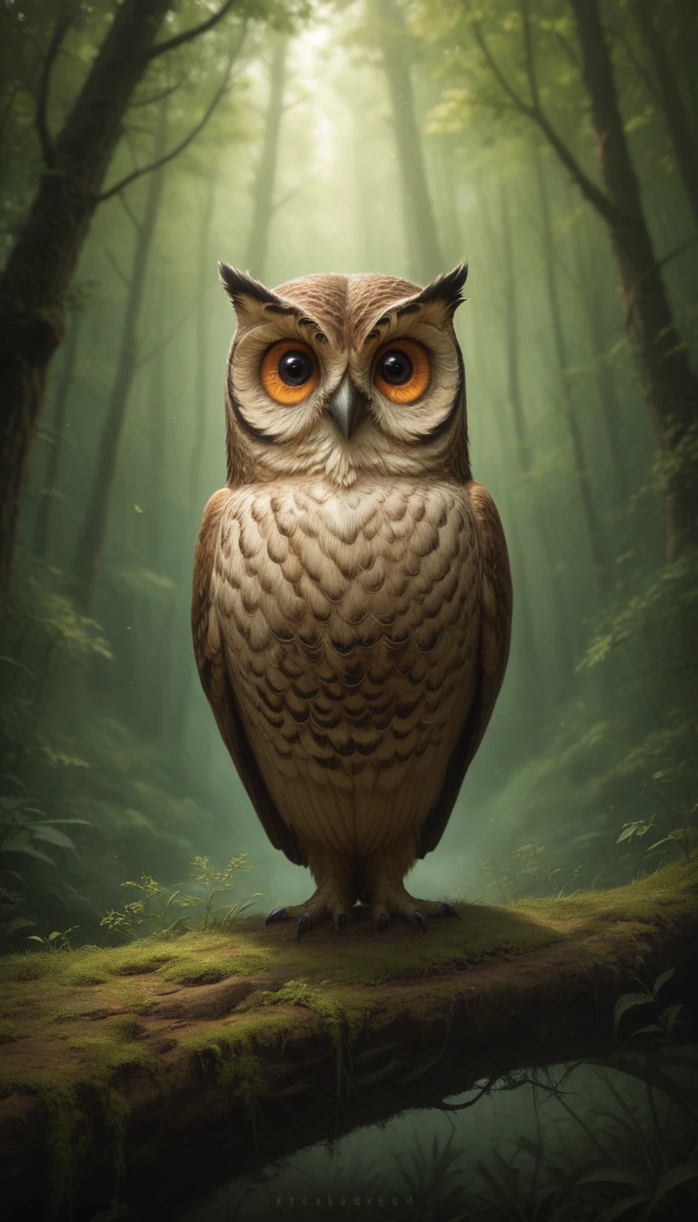 a four-eyed humanoid creature with an owl body, in a lush forest, highly detailed, (best quality,4k,8k,highres,masterpiece:1.2),ultra-detailed,(realistic,photorealistic,photo-realistic:1.37),extremely detailed animal, intricate patterns, realistic lighting