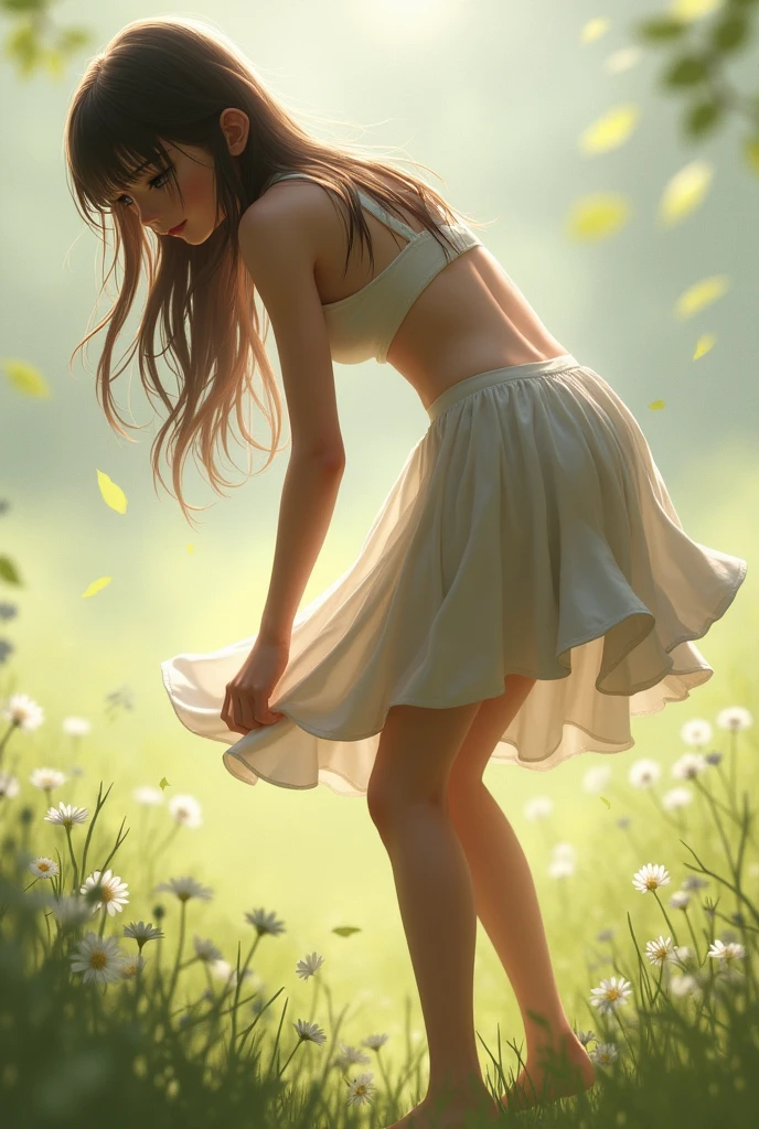 A girl bending down to pick something up in a skirt, with a little bit of her underwear visible from behind.