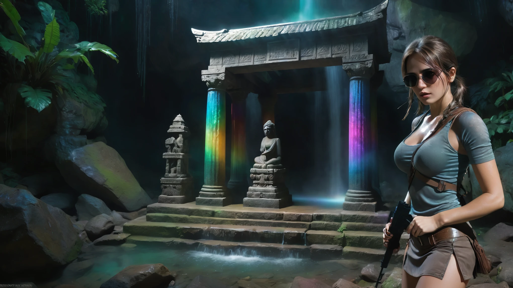 colorful all-glass ancient temple, stone statue, mysterial signs, rainbow colors waterfalls, sparkling effects, amospheric fog. At night, (1girl, solo), photorealistic, medium-breast:1.3 slim body, cleavage, tomb raider style costume with miniskirt, (matrix style black sunglasses, holding a short gun), half-body thigh level medium shot, cinematic lighting, ray tracing.