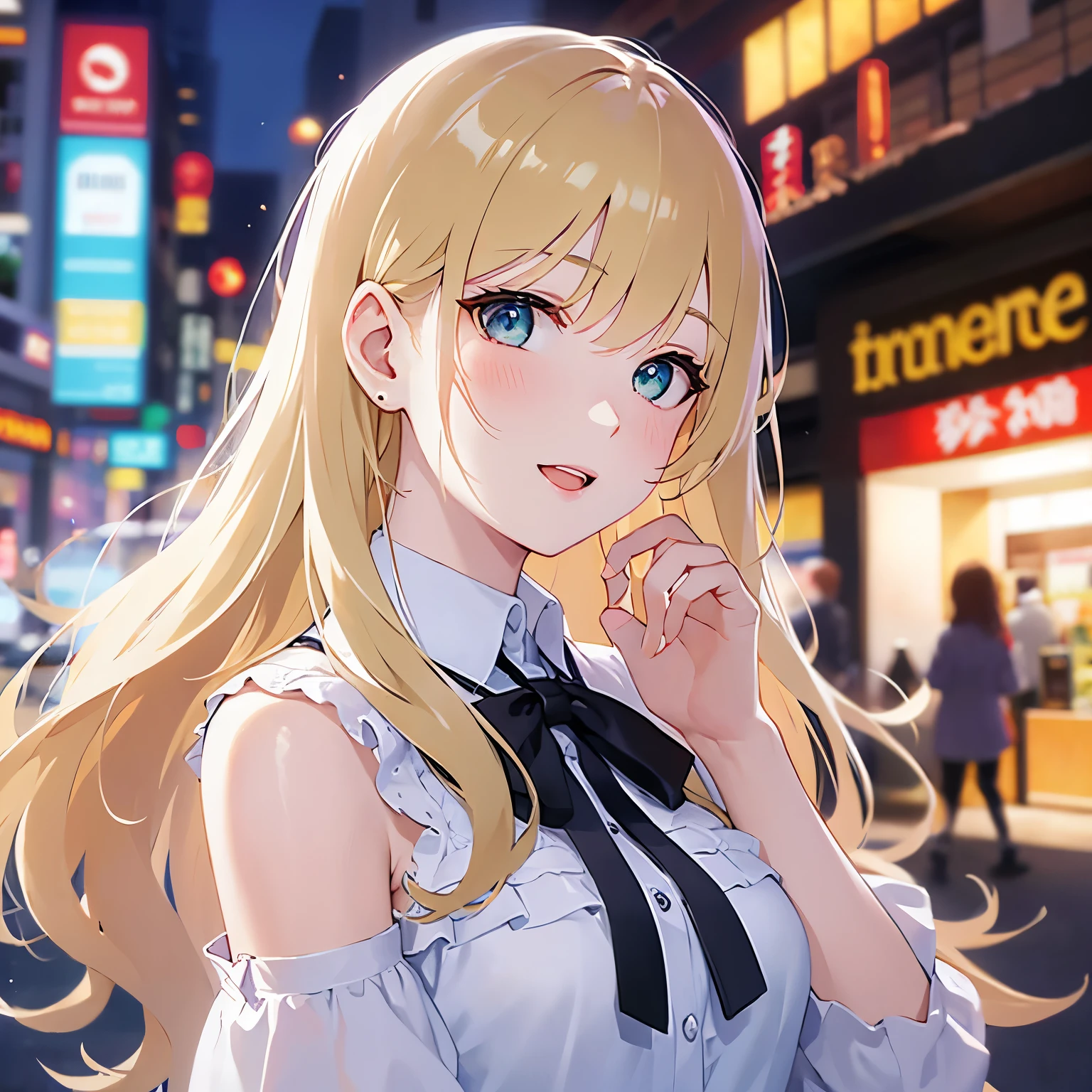 side angle, hand on own face、Upper Body, Realistic, real person, (pale skin: 1.2), RAW photo, photorealistic, shiny skin, shiny hair、(A 25-year-old woman with medium-length hair and bangs) and (wavy hair) and (Blonde Hair) and (green eyes) , (white) and (off shoulder blouse) 、smile, open mouth, (blush:1.3), The background is a shopping street at night、Alone、Are standing