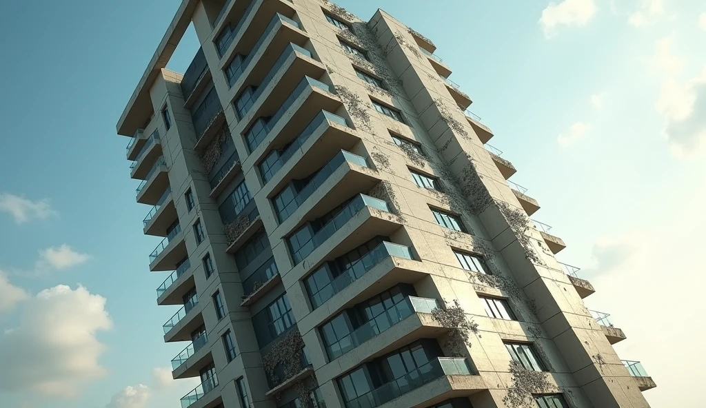 a modern apartment building is leaning and collapsing, exterior, daylight, cinematic style, real photo,