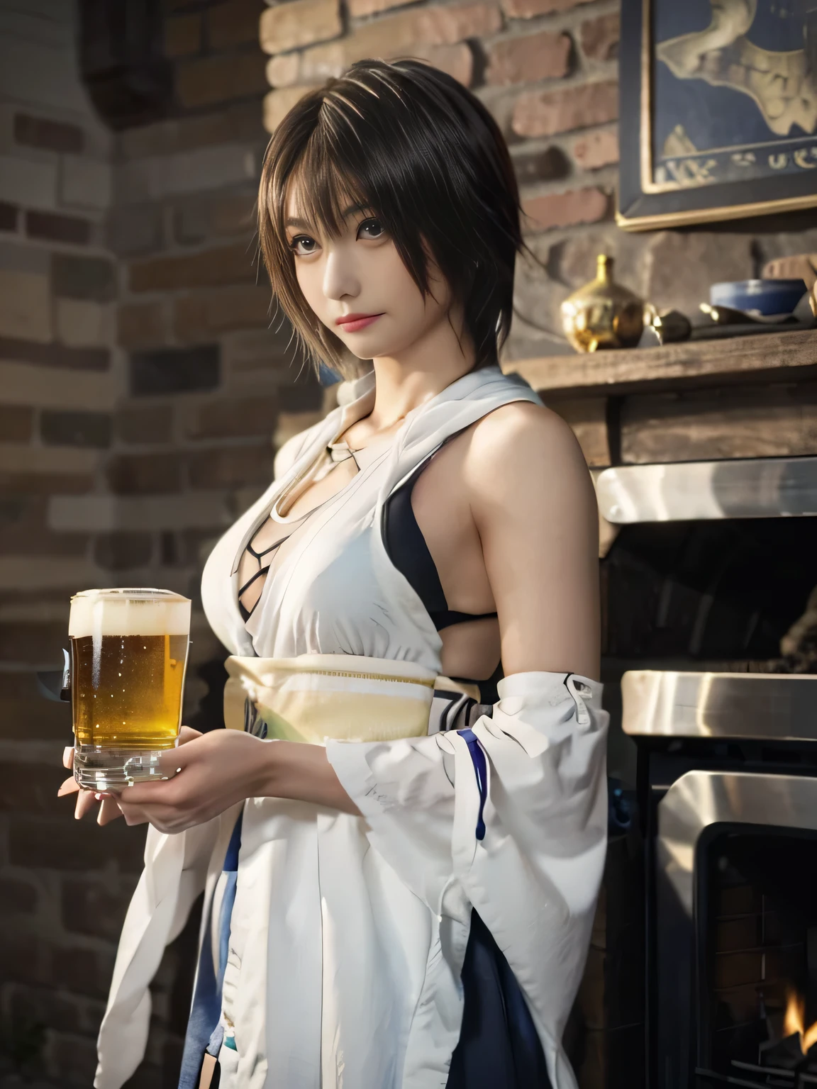 20 year old Japanese beauty，One person、Muscular body like a bodybuilder、Emphasize the breasts、Slit eyes、A head-to-toe view，Bust is very very large、The background is a medieval European kitchen、High quality photos、Clear, crisp images of the lower body、Masterpiece 8k、Ecstatic face、Drinking a beer mug by the stove.、From the front, from the side, from the back, etc.々from what camera angle to shoot、FF10 Yuna's outfit