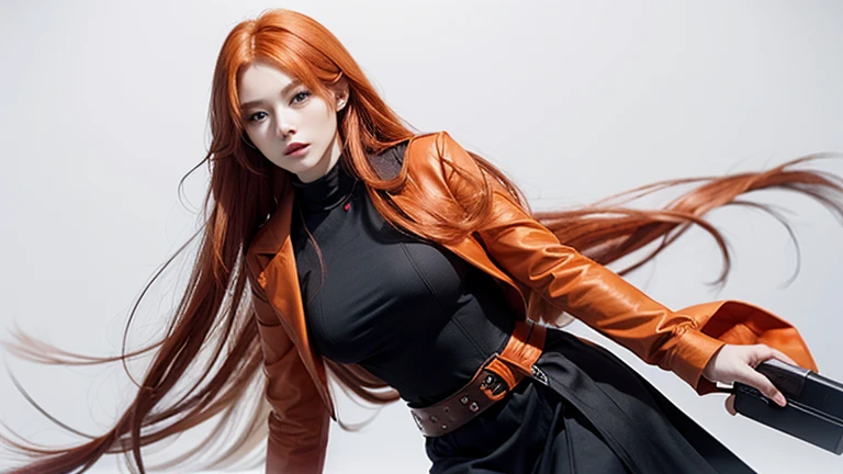 Woman with long orange hair、Wearing a red jacket、Rolling up his sleeves、Wearing a black tight dress、Wearing a belt around the waist、White background