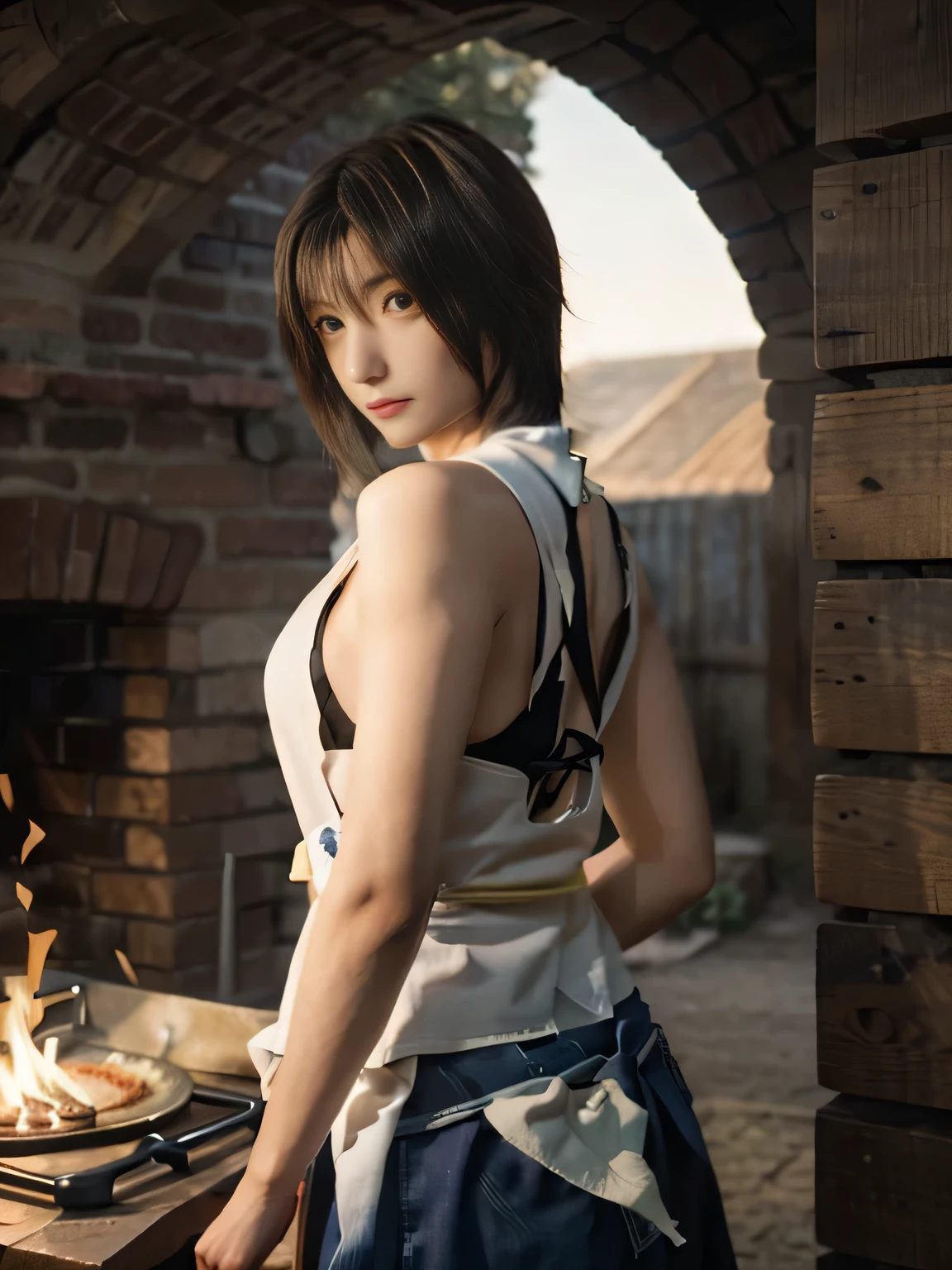 20 year old Japanese beauty，One person、Muscular body like a bodybuilder、Emphasize the breasts、Slit eyes、A head-to-toe view，Bust is very very large、The background is a medieval European kitchen、High quality photos、Clear, crisp images of the lower body、Masterpiece 8k、Ecstatic face、Baking pizza in a wood-fired oven、From the front, from the side, from the back, etc.々from what camera angle to shoot、FF10 Yuna's outfit