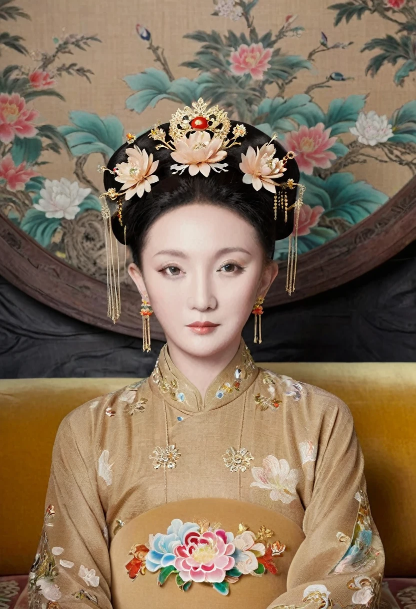 A full-body portrait of a Qing Dynasty Empress sitting naked on a large golden sofa in the palace.,  Empress of the Qing Dynasty, Wearing a large crown, She is completely naked, Showing off gorgeous large flowers and hairpins, She tied her hair up and pulled it up, 背景はEmpress of the Qing Dynastyの豪華な宮殿.