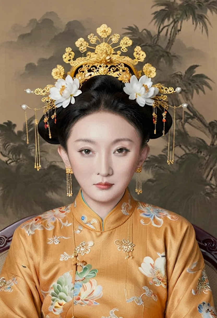 A full-body portrait of a Qing Dynasty Empress sitting naked on a large golden sofa in the palace.,  Empress of the Qing Dynasty, Wearing a large crown, She is completely naked, Showing off gorgeous large flowers and hairpins, She tied her hair up and pulled it up, 背景はEmpress of the Qing Dynastyの豪華な宮殿.