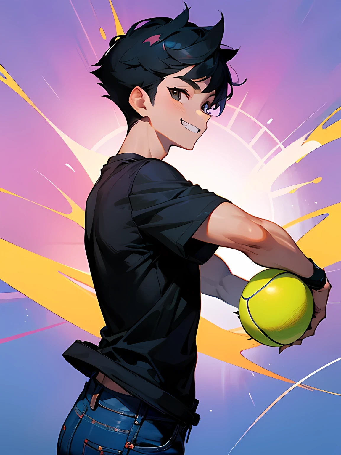 sideview, solo,looking at viewer++, upperbody, boy, black short spiky hairstyle, good grin, black t-shirts, bule jeans, holding a tennis ball,victory pose,