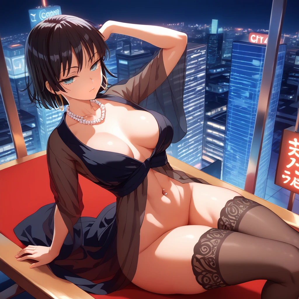 (SAFE FOR WORK), 1 female, Yusuke Murata style, Fubuki from One Punch Man, anime-style face, sexy face, high angle, aerial view, laying down, longer face, short black hair, fully lidded eyes, green eyes, puckered lips, no lipstick, slim/toned body, extremely slim waist, arched back, hour glass shape, GGG breasts, perfect ass, black translucent robe, flowing black robe, black stockings, navel piercing, large hoop earrings, multiple jewellery across chest, 5 pearl necklaces, sitting on lounge chair, night, detailed city background, futuristic city, penthouse, lots of skyscrapers, Tokyo, Japanese symbols neon lights, starts, thick thighs, more details, both hands across chest, tiny hearts floating above head