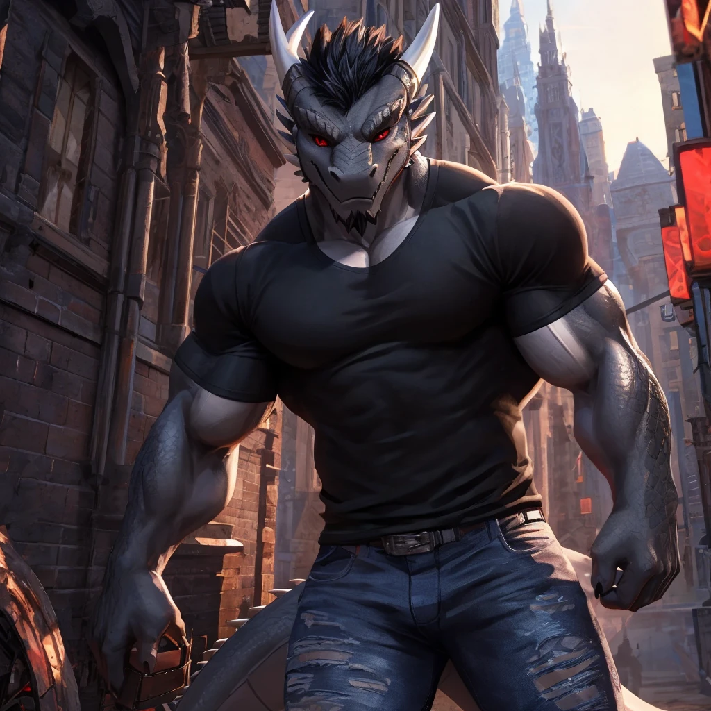 Anthro dragon, good looking, muscular, middle age, black short hair, ripping his own black shirt off, gray scales, piercings, red eyes, 4k, high definition, cool, strong, black ripped jeans