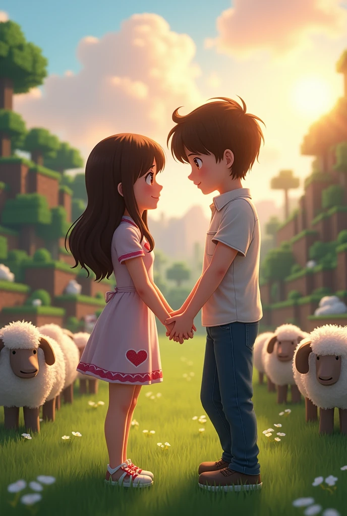 hermosa iluminación, couple touch hands,anime, love, minecraft, sheeps